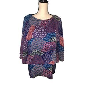 Coco Bianco Purple Fairy Top Size L Flowy Blouson Style Floral Sheer Ethereal